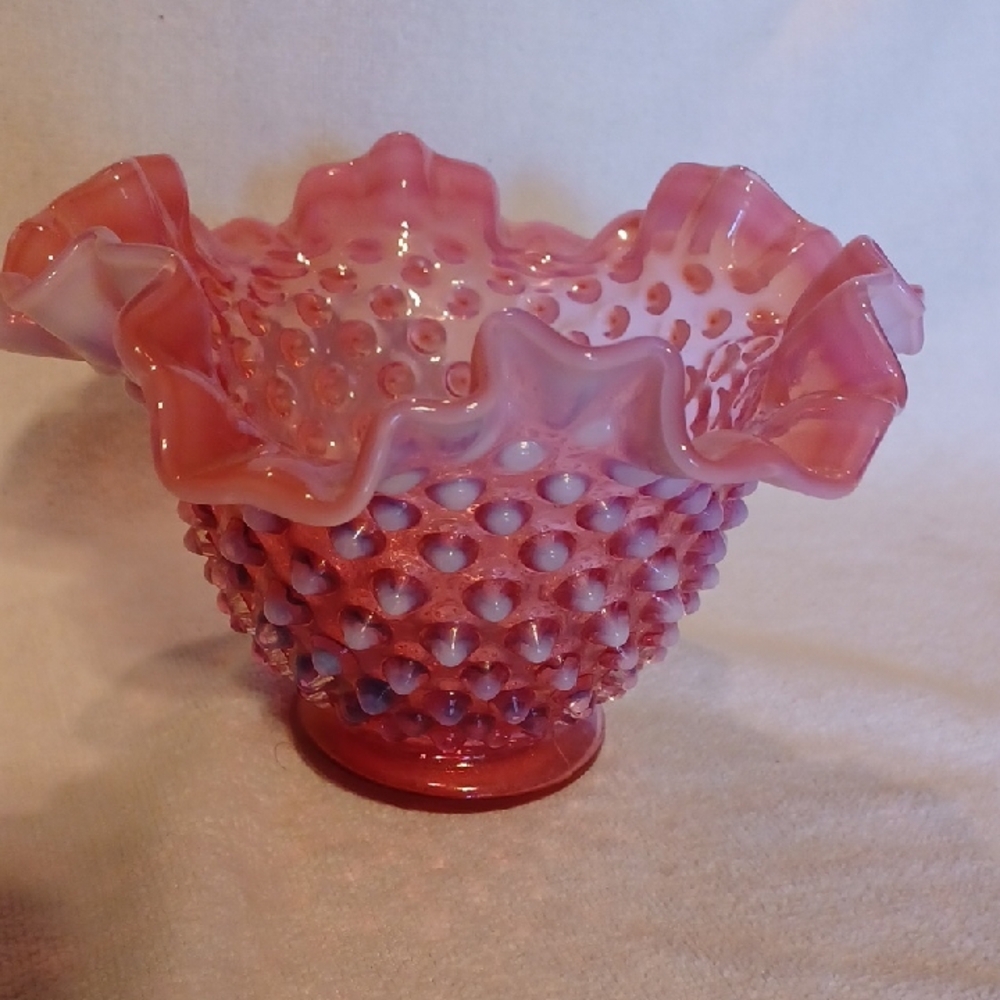 Fenton Pink Hobnail Glass Basket Opalecent Ruffled Cranberry Bowl Vase